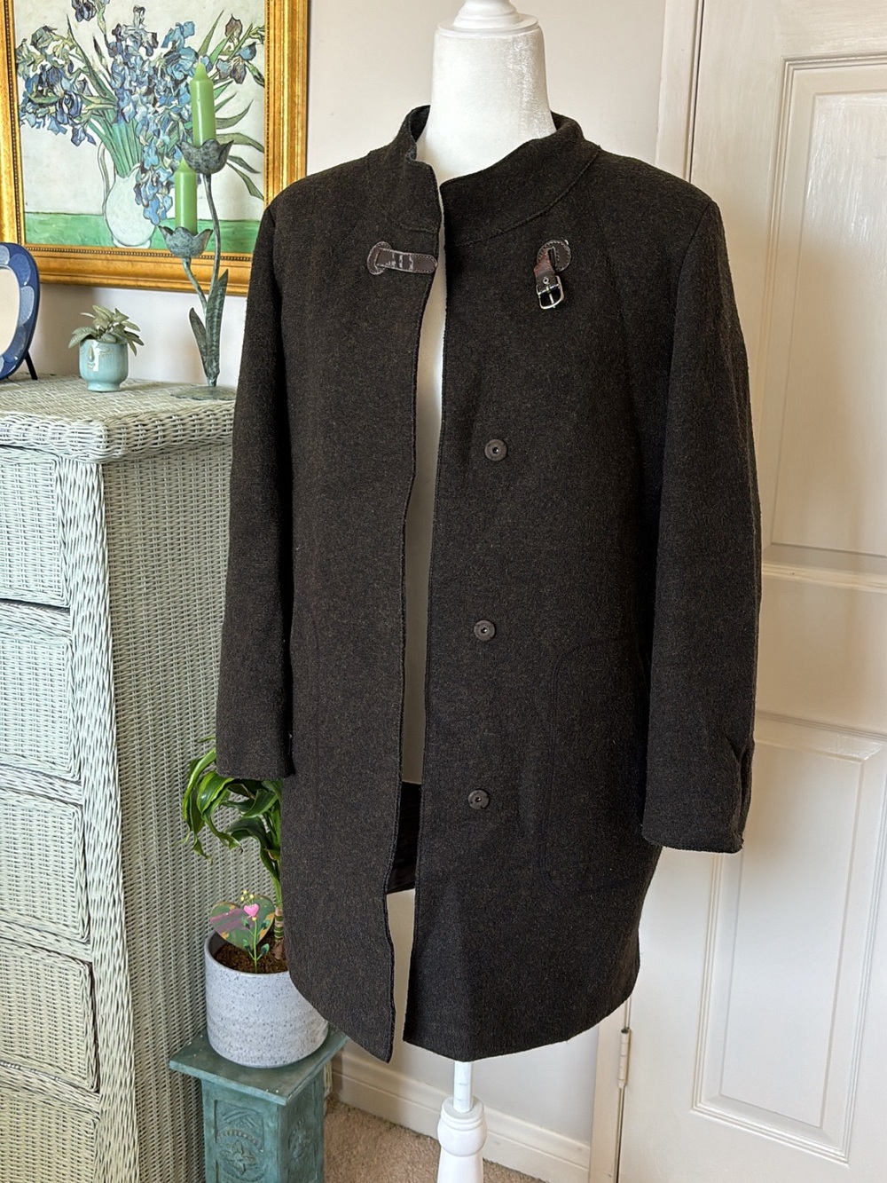 BCBG Dark Brown Wool Peacoat with Buckle Collar